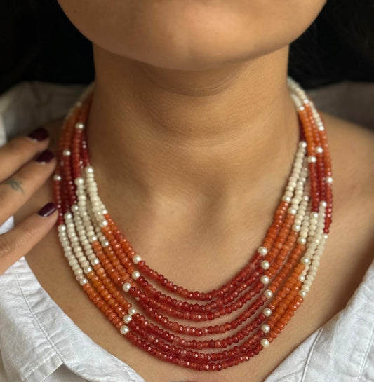 Orange zircon & pearl beads necklace